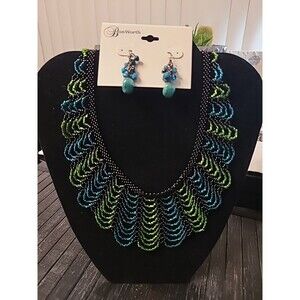 Vtg Hand Beaded Collar Bib Necklace Seed Bead Woven Scalloped multi green lace
